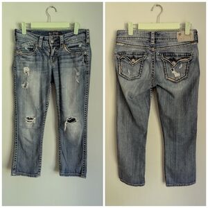 Silver Tuesday Low Capri Jeans Women's 26/4 Blue Denim Flap Pockets Distressed